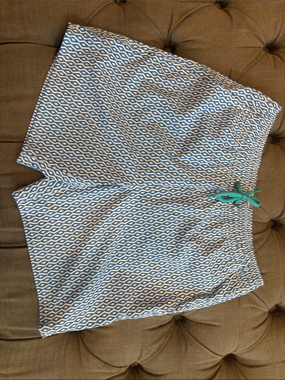 J. Crew Geometric Print Swim Trunks in Blue and White with Teal Drawstring